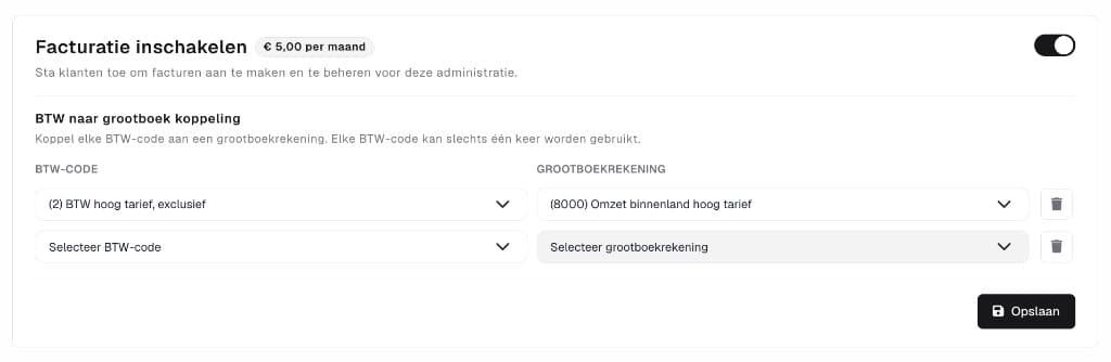 Facturatie inschakelen en BTW naar grootboek koppelen onder Instellingen → Klantfacturatie